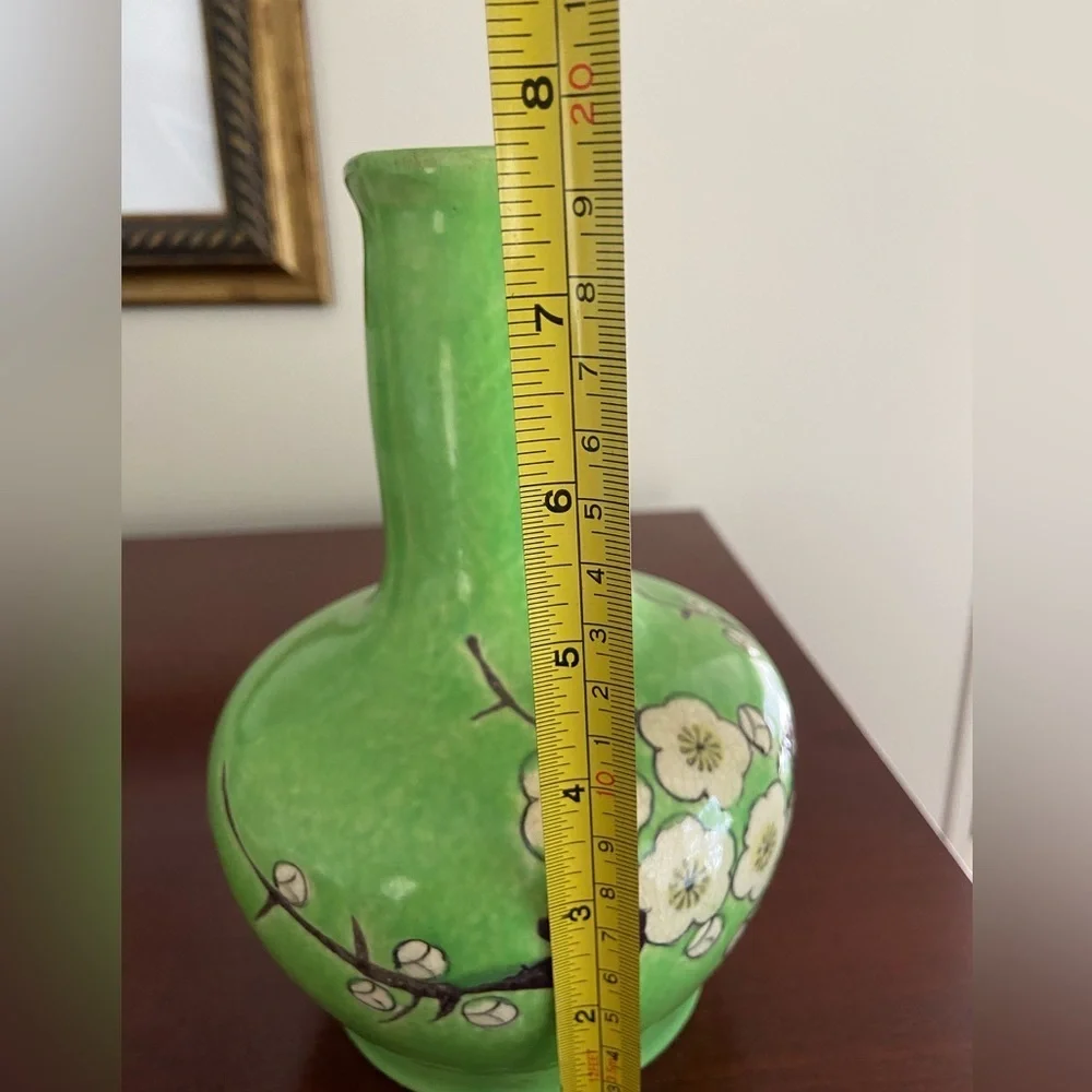 Vintage Green Floral Sakura Cherry Blossom Ceramic Vase Made In Japan Beautiful